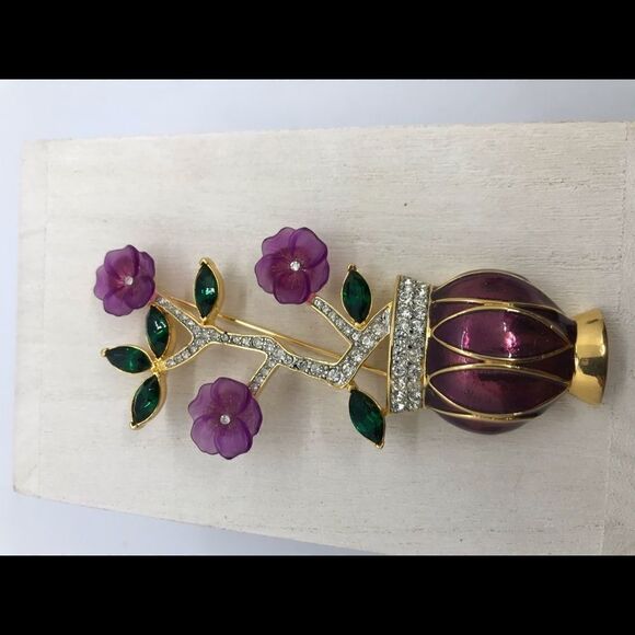 Flower Bouquet Vase Enamel Brooch Gold Tone 90s Vintage - Picture 10 of 11